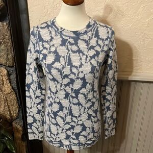 LOFT Blue and White Crew Neck Sweater with Floral Print